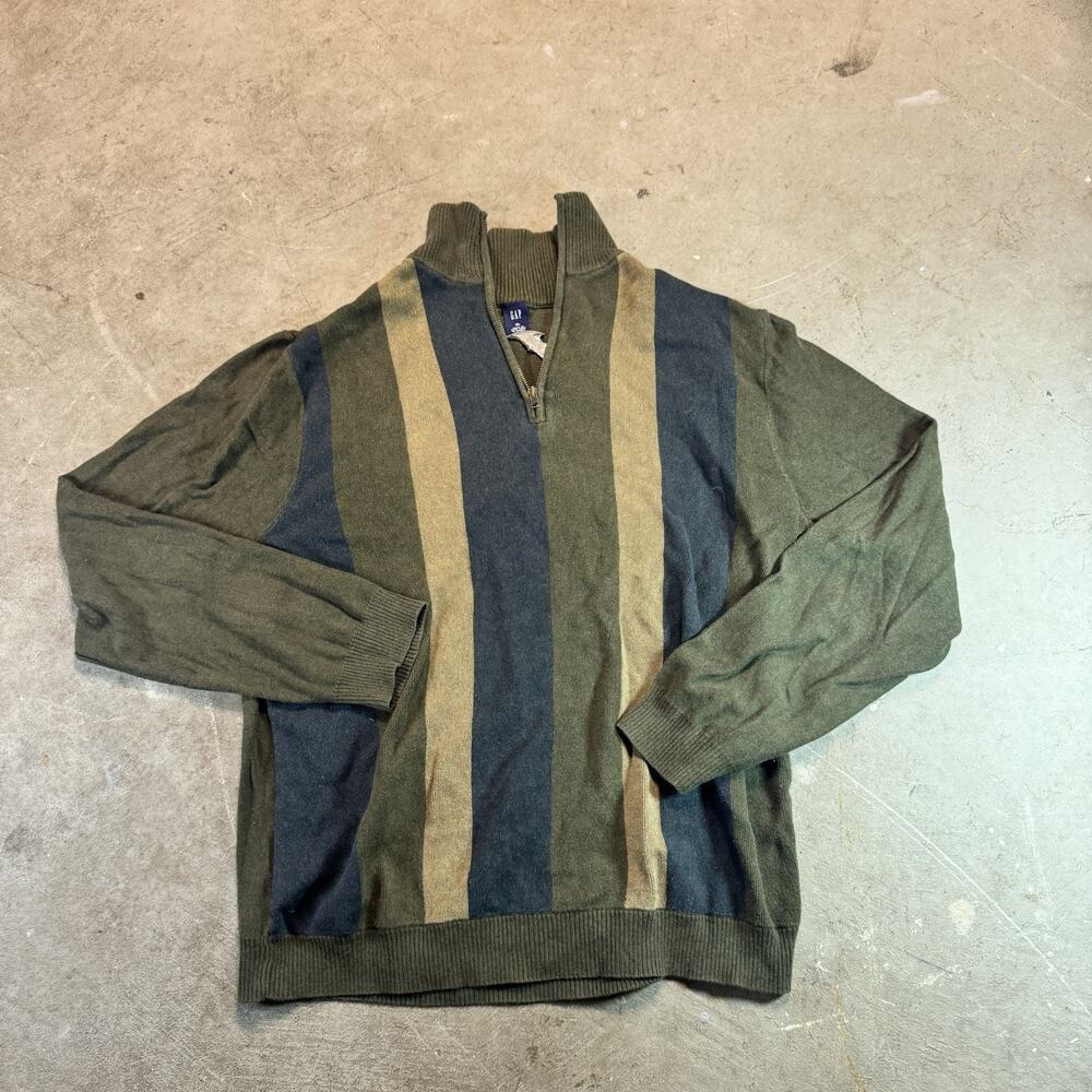 Vintage GAP Sweater Mens XL Green Navy Tan Half Zip Mock Neck Stripe 00s